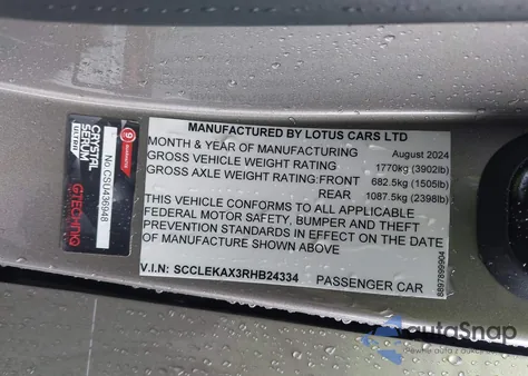 2024 Lotus Emira V6 First Edition z USA, uszkodzony, nr VIN SCCLEKAX3RHB24334